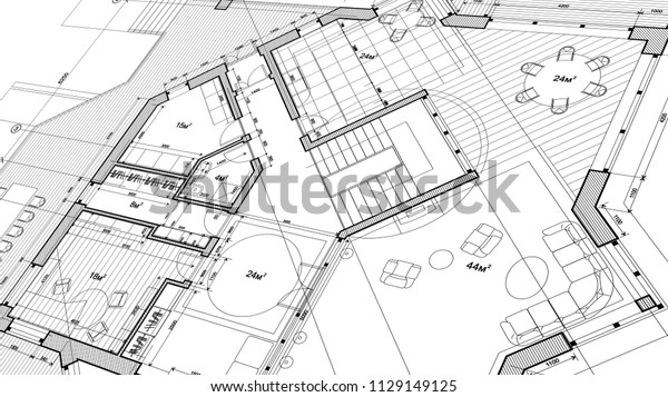 Architecture design: blueprint plan - vector\
illustration of a plan modern residential building / technology,\
industry, business concept illustration: real estate, building,\
construction,\
architecture