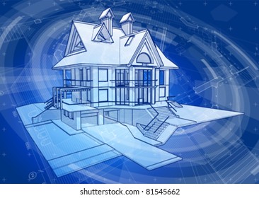 Architecture design: house, blueprint plans & blue technology radial background - vector illustration. Eps 10
