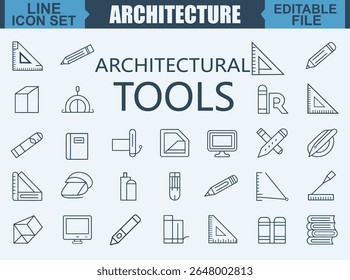Conjunto de iconos aislados de arquitectura y diseño. Conjunto de proyecto arquitectónico, plano, Plan, plano, divisor, dibujo arquitectónico, arquitecto, icono de Vector de herramientas de diseño