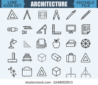 Architektur und Design isolierte Symbole gesetzt. Satz von Architekturprojekt, Blaupause, Wohnungsplan, Grundriss, Teiler, Architektenzeichnung, Architekt, Design-Tools, Vektorsymbol