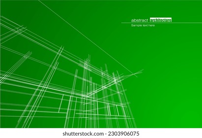 Architecture design layout of building in wireframe mode and gradient color background. Extended lines and linear forms of simple shape in various color. Straight line of transparent structure