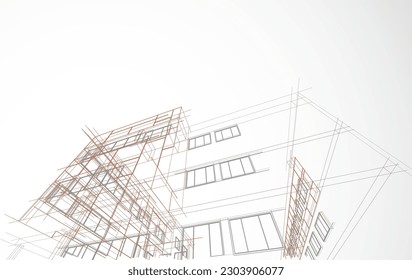 Architecture design layout of building in wireframe mode and gradient color background. Extended lines and linear forms of simple shape in various color. Straight line of transparent structure