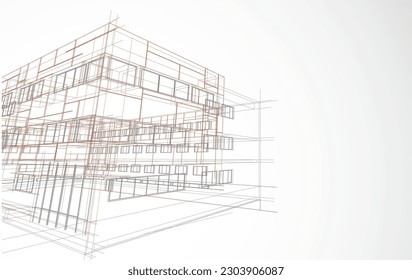 Architecture design layout of building in wireframe mode and gradient color background. Extended lines and linear forms of simple shape in various color. Straight line of transparent structure
