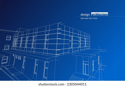 Architecture design layout of building in wireframe mode and gradient color background. Extended lines and linear forms of simple shape in various color. Straight line of transparent structure