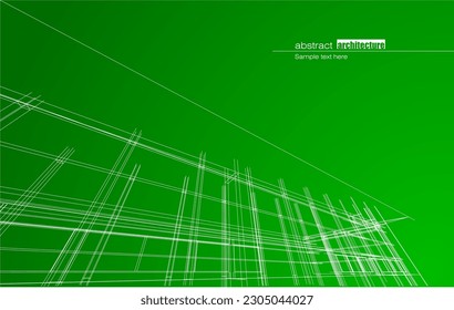 Architecture design layout of building in wireframe mode and gradient color background. Extended lines and linear forms of simple shape in various color. Straight line of transparent structure
