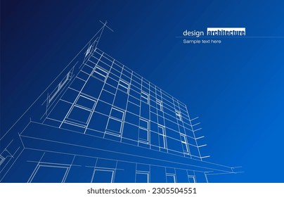 Architecture design layout of building in wireframe mode and gradient color background. Extended lines and linear forms of simple shape in various color. Straight line of transparent structure