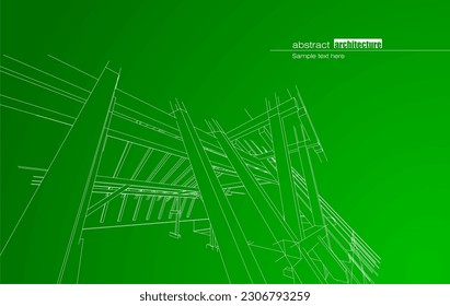 Architecture design layout of building in wireframe mode and gradient color background. Extended lines and linear forms of simple shape in various color. Straight line of transparent structure