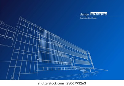 Architecture design layout of building in wireframe mode and gradient color background. Extended lines and linear forms of simple shape in various color. Straight line of transparent structure