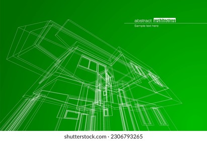 Architecture design layout of building in wireframe mode and gradient color background. Extended lines and linear forms of simple shape in various color. Straight line of transparent structure