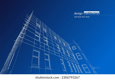 Architecture design layout of building in wireframe mode and gradient color background. Extended lines and linear forms of simple shape in various color. Straight line of transparent structure
