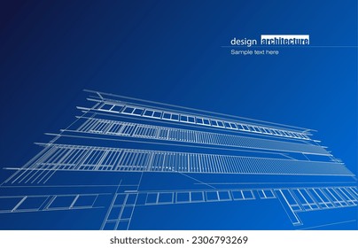 Architecture design layout of building in wireframe mode and gradient color background. Extended lines and linear forms of simple shape in various color. Straight line of transparent structure