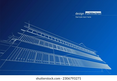 Architecture design layout of building in wireframe mode and gradient color background. Extended lines and linear forms of simple shape in various color. Straight line of transparent structure