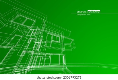 Architecture design layout of building in wireframe mode and gradient color background. Extended lines and linear forms of simple shape in various color. Straight line of transparent structure