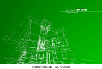 Architecture design layout of building in wireframe mode and gradient color background. Extended lines and linear forms of simple shape in various color. Straight line of transparent structure
