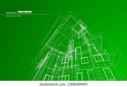 Architecture design layout of building in wireframe mode and gradient color background. Extended lines and linear forms of simple shape in various color. Straight line of transparent structure