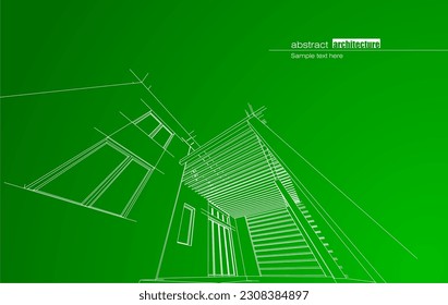 Architecture design layout of building in wireframe mode and gradient color background. Extended lines and linear forms of simple shape in various color. Straight line of transparent structure