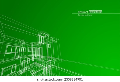 Architecture design layout of building in wireframe mode and gradient color background. Extended lines and linear forms of simple shape in various color. Straight line of transparent structure