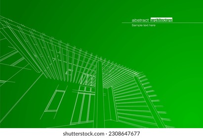 Architecture design layout of building in wireframe mode and gradient color background. Extended lines and linear forms of simple shape in various color. Straight line of transparent structure