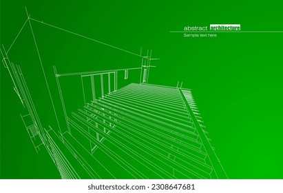 Architecture design layout of building in wireframe mode and gradient color background. Extended lines and linear forms of simple shape in various color. Straight line of transparent structure