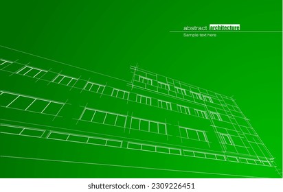 Architecture design layout of building in wireframe mode and gradient color background. Extended lines and linear forms of simple shape in various color. Straight line of transparent structure