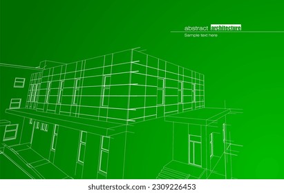 Architecture design layout of building in wireframe mode and gradient color background. Extended lines and linear forms of simple shape in various color. Straight line of transparent structure