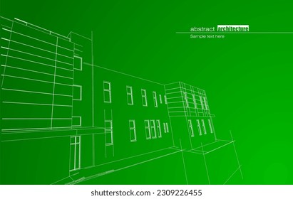 Architekturdesign-Layout des Gebäudes im WLAN-Modus und Farbverlauf-Hintergrund. Erweiterte Linien und lineare Formen einfacher Form in verschiedenen Farben. Gerade Linie der transparenten Struktur