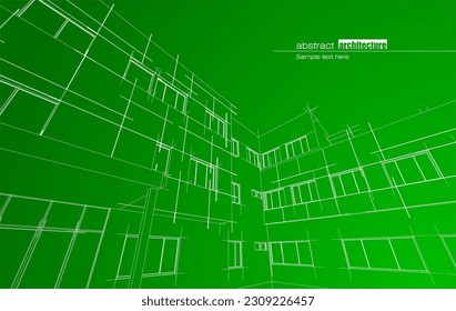 Architecture design layout of building in wireframe mode and gradient color background. Extended lines and linear forms of simple shape in various color. Straight line of transparent structure