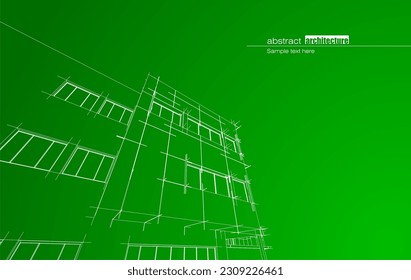 Architecture design layout of building in wireframe mode and gradient color background. Extended lines and linear forms of simple shape in various color. Straight line of transparent structure