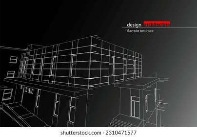 Architecture design layout of building in wireframe mode and gradient color background. Extended lines and linear forms of simple shape in various color. Straight line of transparent structure