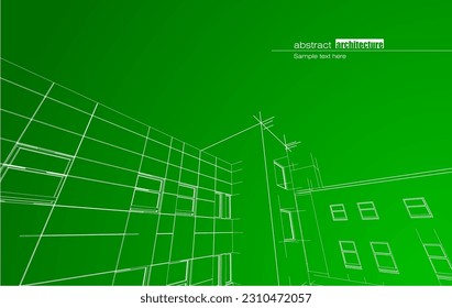 Architecture design layout of building in wireframe mode and gradient color background. Extended lines and linear forms of simple shape in various color. Straight line of transparent structure