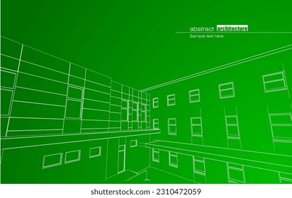 Diseño de arquitectura de construcción en modo de trama y fondo de color gradiente. Líneas extendidas y formas lineales de forma simple en varios colores. Línea recta de estructura transparente