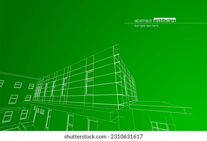 Architecture design layout of building in wireframe mode and gradient color background. Extended lines and linear forms of simple shape in various color. Straight line of transparent structure