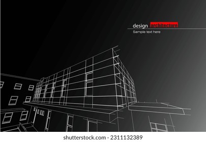 Architecture design layout of building in wireframe mode and gradient color background. Extended lines and linear forms of simple shape in various color. Straight line of transparent structure