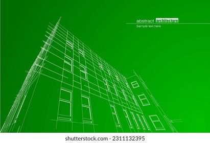 Architecture design layout of building in wireframe mode and gradient color background. Extended lines and linear forms of simple shape in various color. Straight line of transparent structure