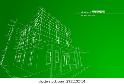 Diseño de arquitectura de construcción en modo de trama y fondo de color gradiente. Líneas extendidas y formas lineales de forma simple en varios colores. Línea recta de estructura transparente