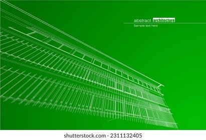 Architecture design layout of building in wireframe mode and gradient color background. Extended lines and linear forms of simple shape in various color. Straight line of transparent structure