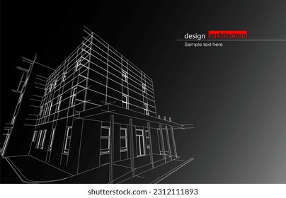 Architecture design layout of building in wireframe mode and gradient color background. Extended lines and linear forms of simple shape in various color. Straight line of transparent structure