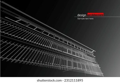Architecture design layout of building in wireframe mode and gradient color background. Extended lines and linear forms of simple shape in various color. Straight line of transparent structure
