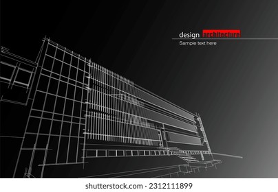 Architecture design layout of building in wireframe mode and gradient color background. Extended lines and linear forms of simple shape in various color. Straight line of transparent structure