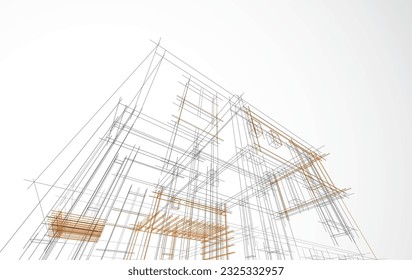 Architecture design layout of building in wireframe mode and gradient color background. Extended lines and linear forms of simple shape in various color. Straight line of transparent structure