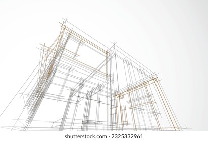 Architecture design layout of building in wireframe mode and gradient color background. Extended lines and linear forms of simple shape in various color. Straight line of transparent structure