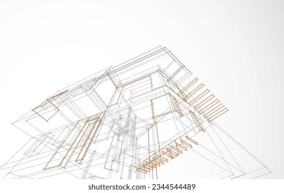 Architecture design layout of building in wireframe mode and gradient color background. Extended lines and linear forms of simple shape in various color. Straight line of transparent structure
