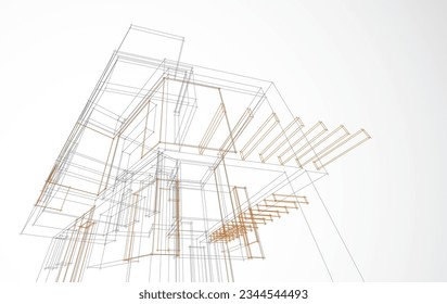 Architecture design layout of building in wireframe mode and gradient color background. Extended lines and linear forms of simple shape in various color. Straight line of transparent structure
