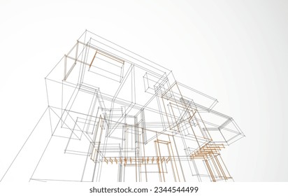 Architecture design layout of building in wireframe mode and gradient color background. Extended lines and linear forms of simple shape in various color. Straight line of transparent structure
