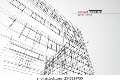 Architecture design layout of building in wireframe mode and gradient color background. Extended lines and linear forms of simple shape in various color. Straight line of transparent structure