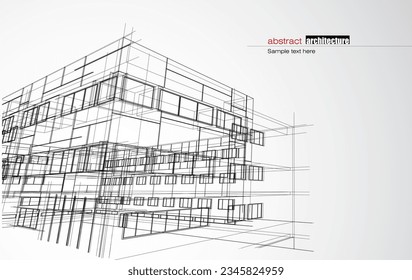 Architecture design layout of building in wireframe mode and gradient color background. Extended lines and linear forms of simple shape in various color. Straight line of transparent structure