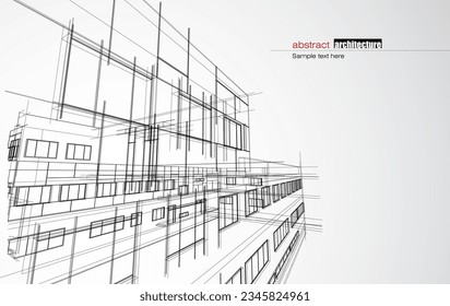 Architecture design layout of building in wireframe mode and gradient color background. Extended lines and linear forms of simple shape in various color. Straight line of transparent structure