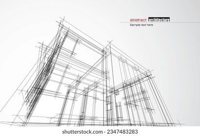 Architecture design layout of building in wireframe mode and gradient color background. Extended lines and linear forms of simple shape in various color. Straight line of transparent structure