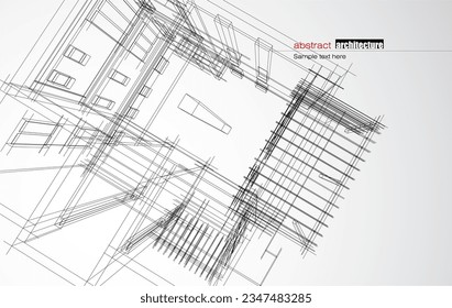 Architecture design layout of building in wireframe mode and gradient color background. Extended lines and linear forms of simple shape in various color. Straight line of transparent structure
