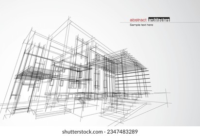 Architecture design layout of building in wireframe mode and gradient color background. Extended lines and linear forms of simple shape in various color. Straight line of transparent structure